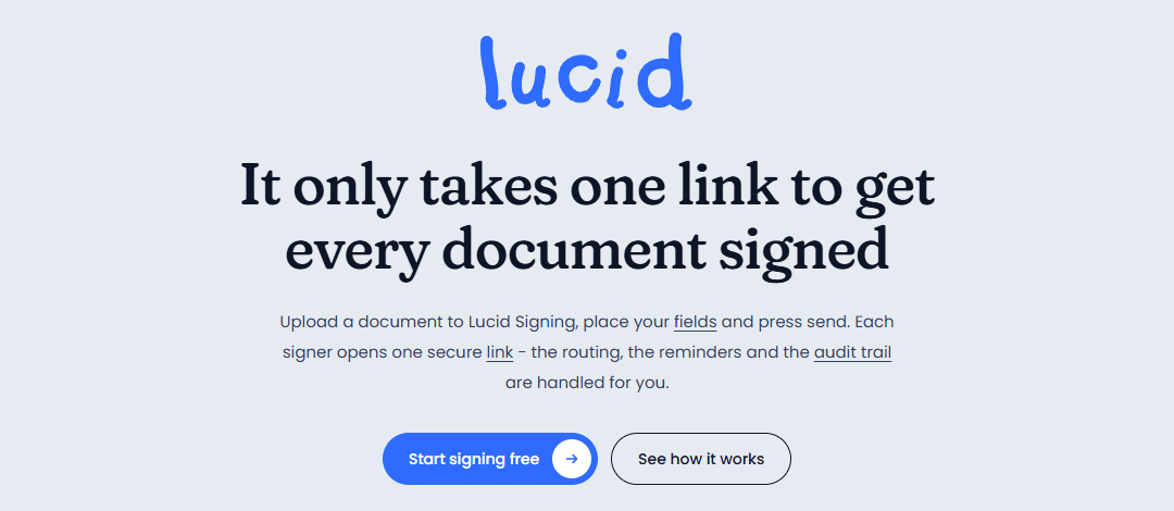 The Lucid Signing home page: the wordmark over the headline 'It only takes one link to get every document signed'