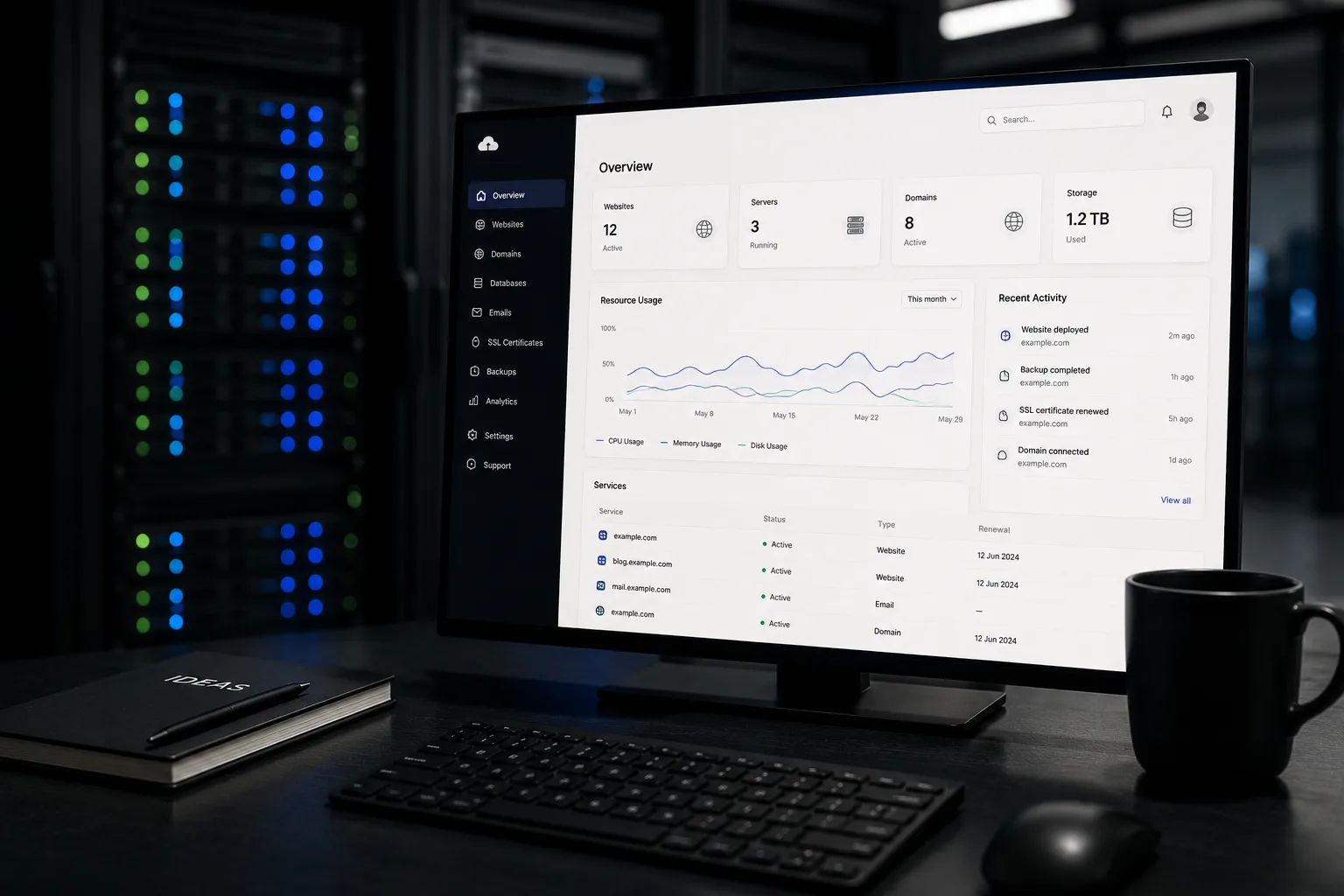 A hosting control panel on a monitor, with server racks lit behind it