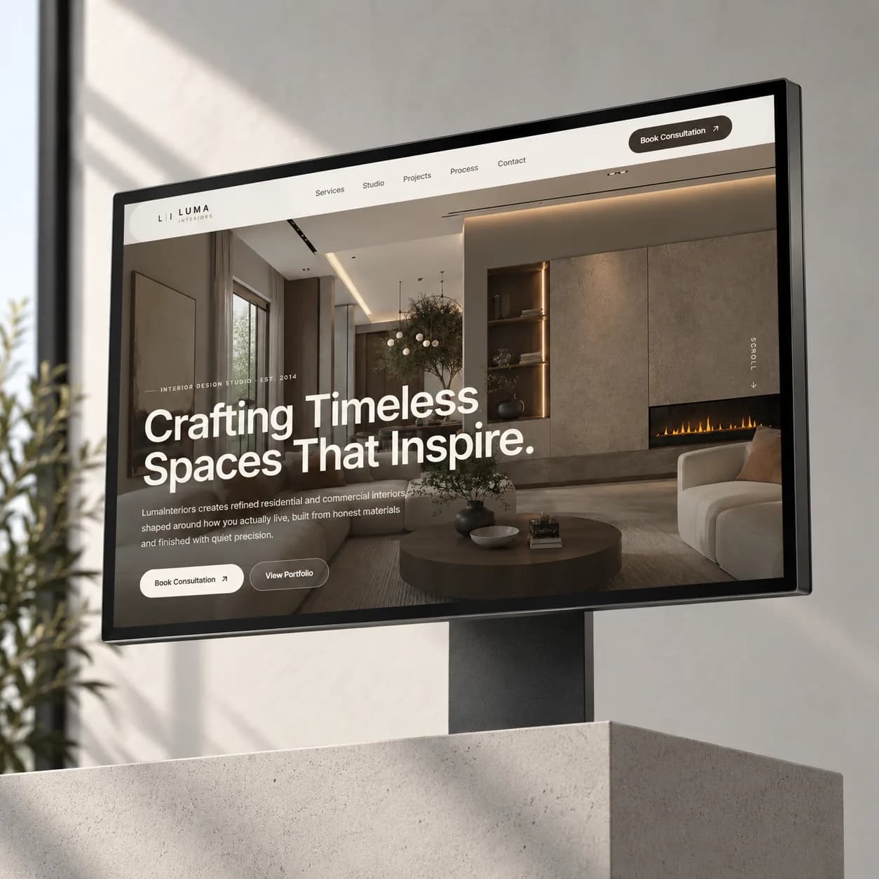 A monitor on a stone plinth by a sunlit window, showing an interior design studio's website with the hero photograph of a living room behind its headline
